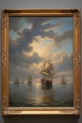 17th century seascape with sailing ships in gilded frame