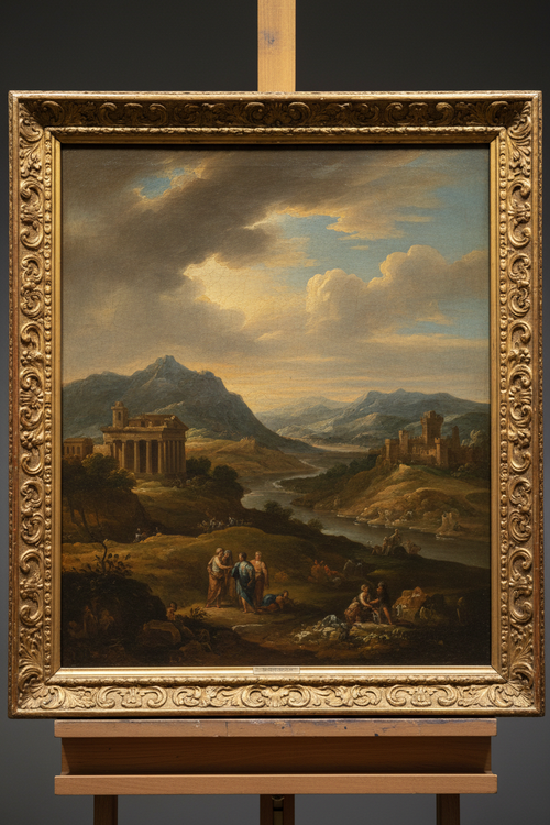 Baroque landscape in ornate gilded frame