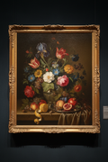 Dutch Golden Age still life with flowers and fruit in gilded frame