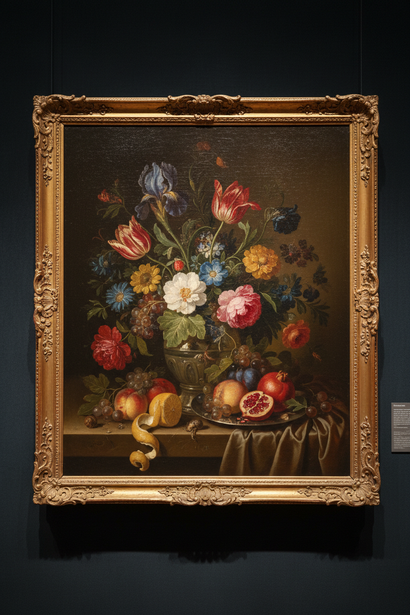 Dutch Golden Age still life with flowers and fruit in gilded frame