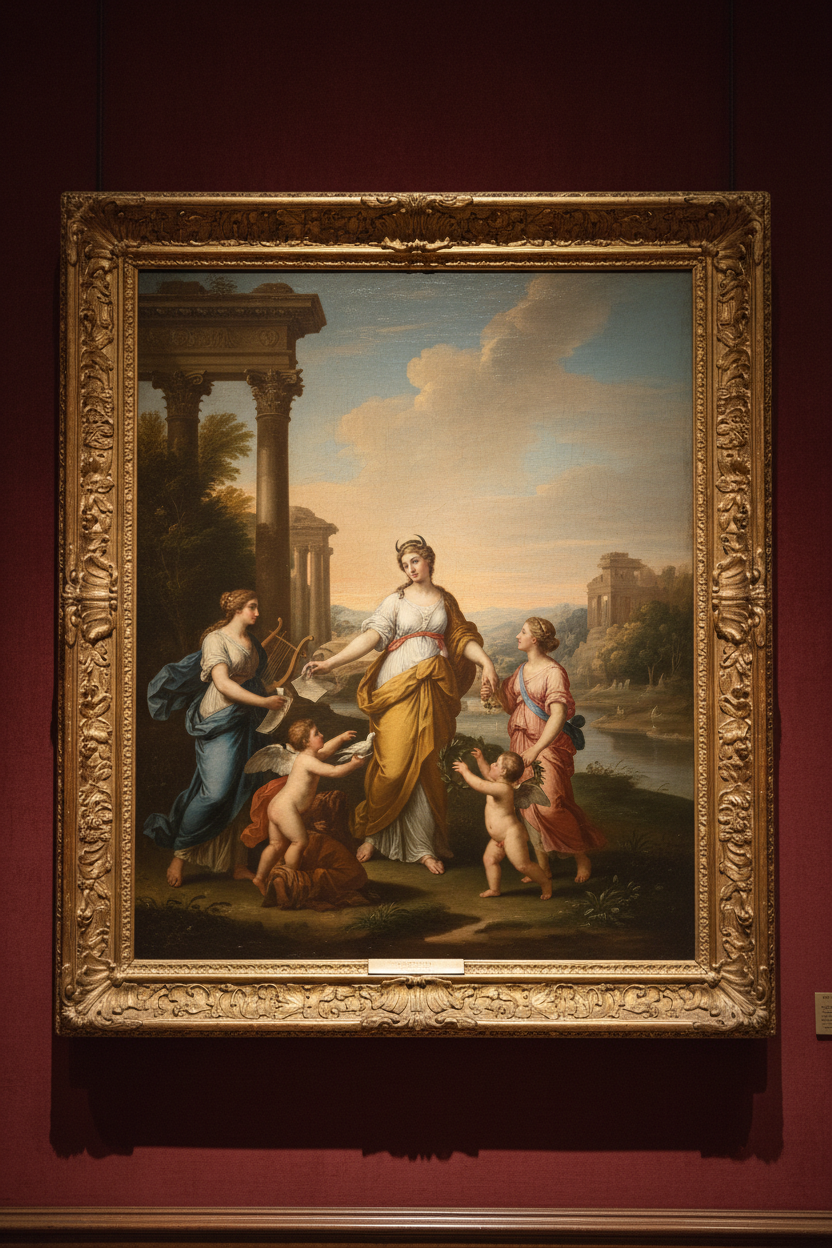 Neoclassical mythological scene with figures in robes in gilded frame